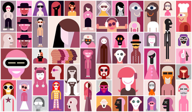 People. Large Set Of Flat Design People Avatars. Pop Art Collage Of Close Up Portraits. Can Be Used As Seamless Wallpaper.