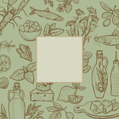 Food poster border frame with mediterranean traditional food ingredients