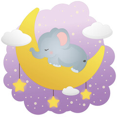 A little elephant sleeps on the moon. Against the background of the starry sky. Stars shine under the moon. Childrens illustration