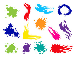 Paint blots. Splashes set for design use. Colorful grunge shapes collection. Dirty stains and silhouettes. Color ink splashes