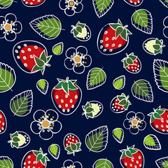 Strawberry red with white outlines and green leaves, over a dark blue background seamless pattern