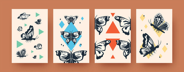 Set of abstract wild butterflies on pastel background. Geometric elements and flying creatures in vector illustrations. Insects and wildlife concept for social media, postcards, invitation cards