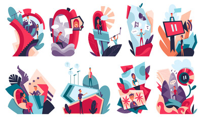 Collection of video blogging concept. Studio blog recording on chroma key backgrounds. Recording podcasts. Workplaces of blogger or video editor. Live streaming