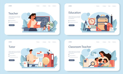 Teacher web banner or landing page set. Profesor standing