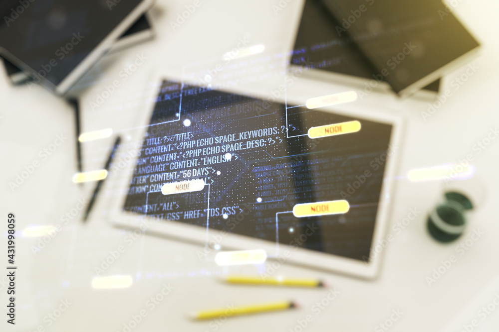 Poster abstract creative coding illustration and modern digital tablet on desktop on background, top view, 