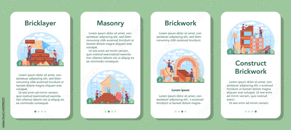 Poster bricklayer mobile application banner set. professional builder constructing