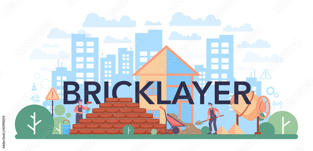 Poster bricklayer typographic header. professional builder constructing a brick wall