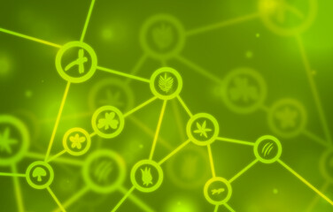 Green Illustration with bio-diversity icons in a network with flares