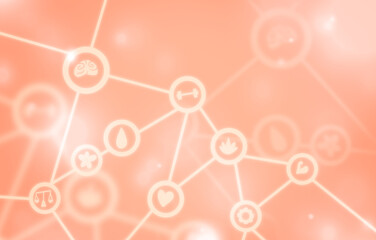 Peach Illustration with mind and body symbols in a network with flares