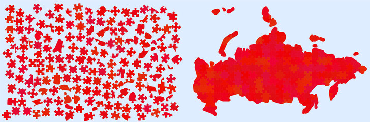 Map of Russia made out of different shades red - national color - jigsaw puzzle pieces, 180 scattered blocks and finished version
