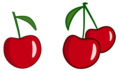 Simple red cherry drawing vector, single and two fruits version