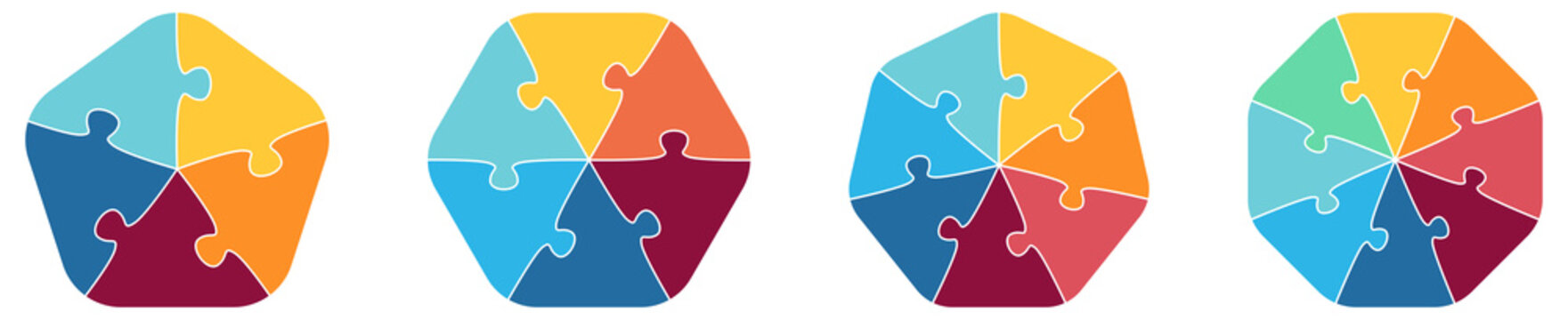 Polygons with rounded corners, five to eight sides, divided into jigsaw puzzle pieces - simple infographics element