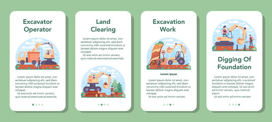 Naklejka premium Excavator operator mobile application banner set. Industrial builder