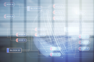 Multi exposure of abstract creative coding sketch and world map on empty corporate office background, artificial intelligence and neural networks concept