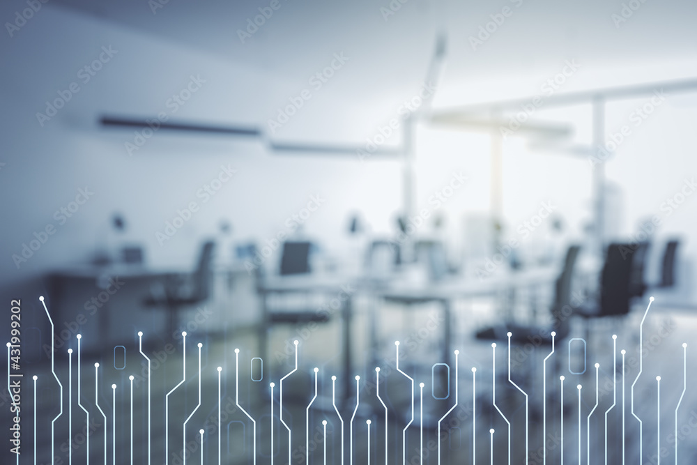 Poster abstract virtual micro chip hologram on a modern furnished classroom background, artificial intellig