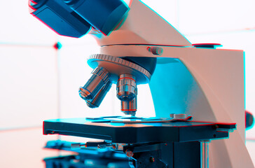 Scientific microscope in the laboratory Anaglyph effect