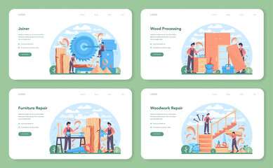 Fototapeta premium Joiner or carpenter web banner or landing page set. Wooden furniture