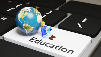 Digital Online Education. 3d of girl read book on keyboard about learning on phone, computer. social distance concept. Classroom Online internet network.