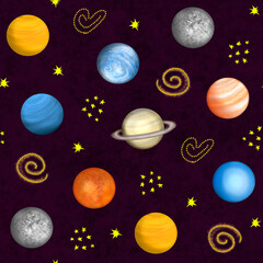 Solar system planets pattern on dark background. Illustration for printing, backgrounds,...