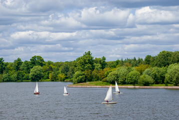 Yachts with white sails compete on the lake.