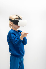 Boy in virtual reality 3d glasses. White background. Vertical frame