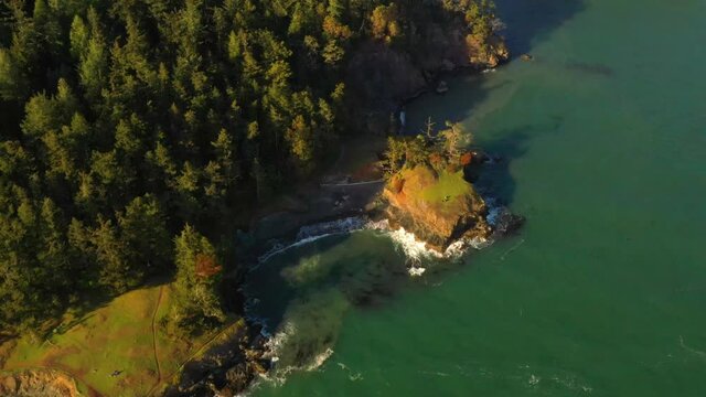 Aerial view of the Deception Pass bridge and Islands above the channel