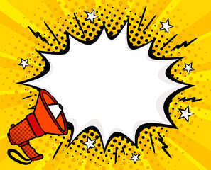 Bright comic empty speech bubble with shout in popart style. White box for text in the shape of a explosion and stars. Cartoon Vector illustration. Template for offer, announcement or discount.