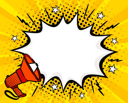 Bright comic empty speech bubble with shout in popart style. White box for text in the shape of a explosion and stars. Cartoon Vector illustration. Template for offer, announcement or discount.