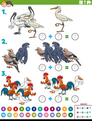 math addition educational task with cartoon birds characters