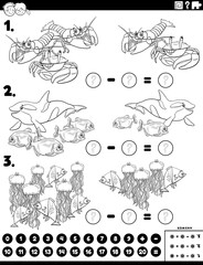 subtraction educational task with marine animals color book page