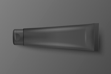 Vector 3d Realistic Plastic, Metal Black Tube Icon Closeup Isolated on Black Background. Packaging For Cosmetics, Ointments, Cream, Tooth Paste. Design Template of Toothpaste for Mockup. Top View