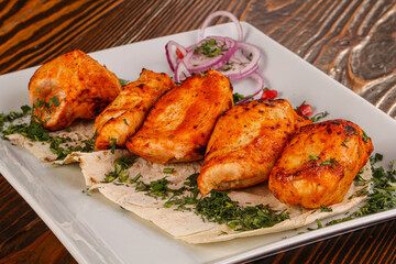 Chicken breast kebab shashlik served salad