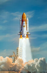 Spaceship takes off into the sky. Rocket starts into space. Bitcoins and New Virtual money concept. "Elements of this image furnished by NASA " © blackdiamond67