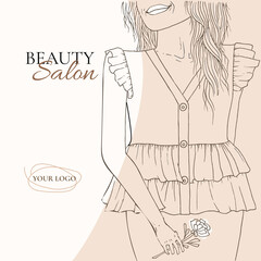 Design template for beauty salon. Line art girl with beautiful hair and flower. Design for postcards, media post, posters, beauty salon, shop. Fashion illustration.