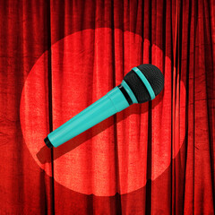 Stand up comedy microphone against red curtains on reflector spot light trendy concept photo....