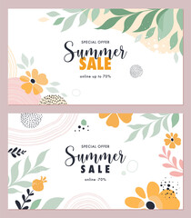 Summer sale banner templates. Vector illustration of two horizontal abstract backgrounds with leaves, flowers and text layout 