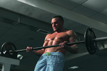 Sport exercises. Bodybuilder man with bar in gym. Sportsman with naked torso. Sporty workout.
