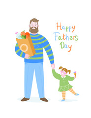 Fathers day card. Father with grocery bag and daughter. Illustration with happy family