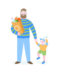 Father with his son. Happy family.  Shopping. Men with grocery bag
