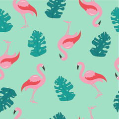 Naklejka premium Seamless pattern with pink flamingo and monstera leaves in green background