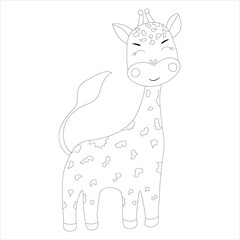 Vector image of a small giraffe. Black and white image in lines. Coloring book.