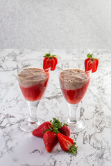 Strawberry and Strawberry Smoothie. Strawberry dessert. Light gray background. Place for your text. Copy space. High quality photo