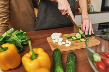 Same-sex male pair cutting cucumber for salad