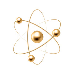 Gold atom isolated on white background. Realistic golden molecule sign. Science symbol. Vector illustration. - obrazy, fototapety, plakaty