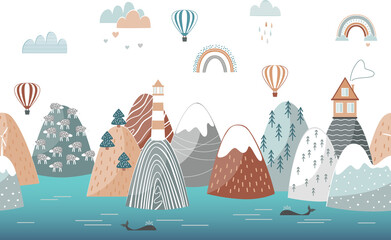 Cute seamless landscape pattern with sea waves, mountains, lighthouse, clouds and rainbows. Travel concept, kids horizontal poster. Horizontal repeating banner © Toltemara