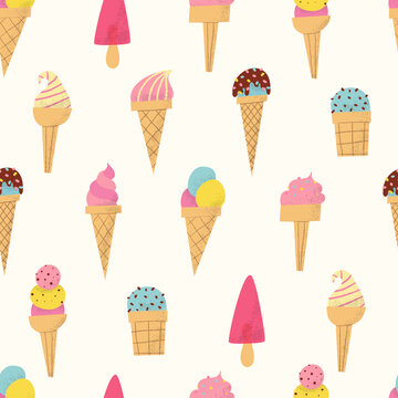 Ice cream cone pattern. Cute colorful summer seamless background.