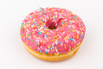 Fresh made Donuts isolated on white background. Doughnuts are traditional sweet pastries. Copy...