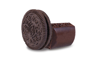 Cookies and a piece of chocolate on an isolated white background. Chocolate chip cookies. Chocolate