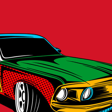 Pop art Colorful cars. Hand-drawn Illustration. Bright retro cover. Car poster. Sportcar. Music cover