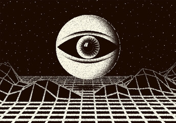 Retro dotwork landscape with 60s or 80s styled alien robotic space eye over the desert planet. Background with old sci-fi style.